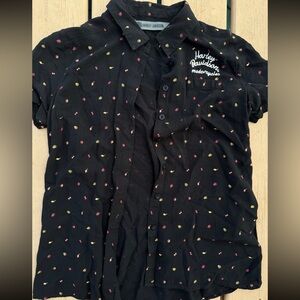 Harley-Davidson Black Button-Up Shirt with Pink & Yellow Micro Motifs